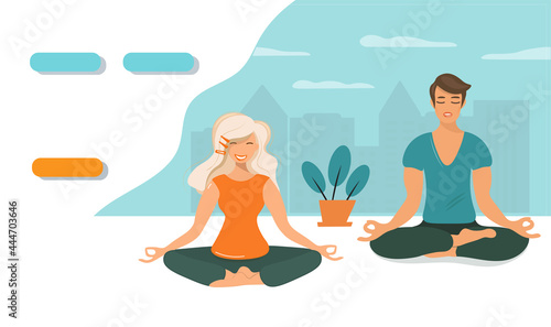 The guy and the girl are in the lotus position. Business card design concept. Idea for a spiritual retreat or yoga studio. Yoga day. Yoga studio. Decorative business cards, colorful templates. Vector