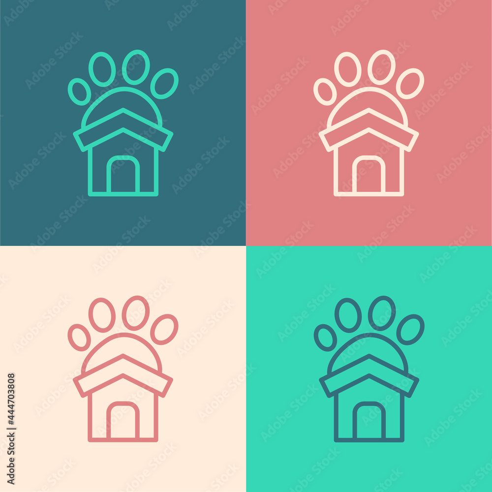 Pop art line Animal shelter house icon isolated on color background. Vector