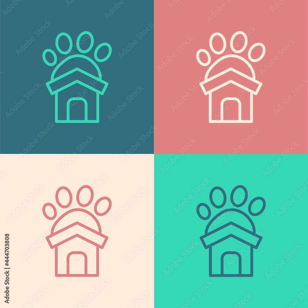 Fototapeta premium Pop art line Animal shelter house icon isolated on color background. Vector