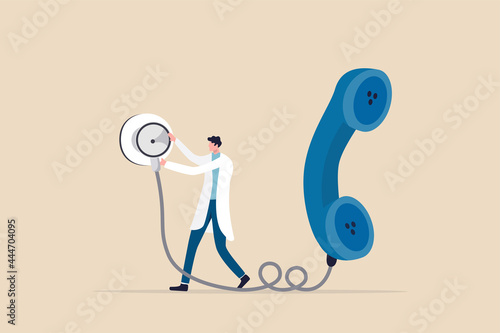 Telehealth or telemedicine service, technology that doctor can diagnose or consult patient via telephone call or internet conference concept, doctor holding stethoscope connect with big telephone.