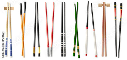 Realistic colorful chopsticks set isolated on white background. Asian food chop sticks