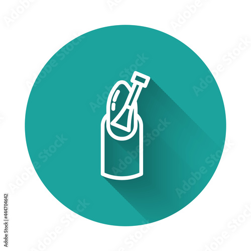 White line Nail manicure icon isolated with long shadow background. Green circle button. Vector photo