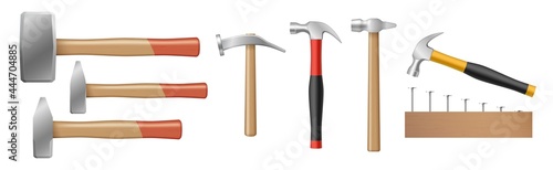 Set of realistic hammer and sledgehammers with rubber and wooden handles hitting nails in wood