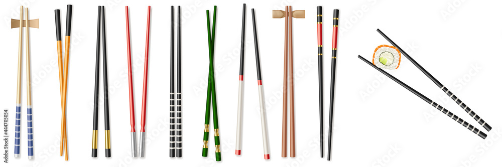 Food sticks set, kitchen chopsticks and eating utensils. Realistic chinese and Japanese chop sticks