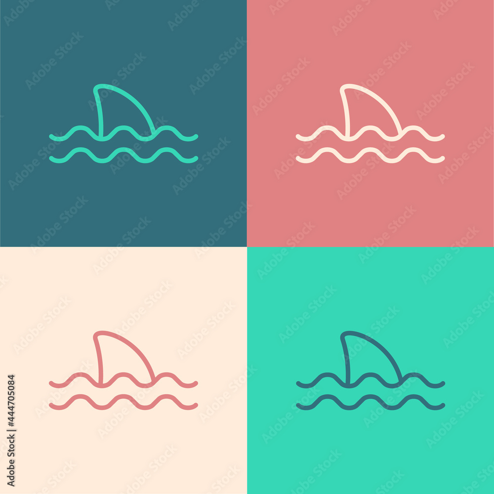 Pop art line Shark fin in ocean wave icon isolated on color background. Vector