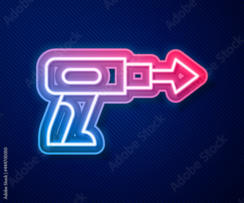 Glowing neon line Fishing harpoon icon isolated on blue background. Fishery manufacturers for catching fish under water. Diving underwater equipment. Vector