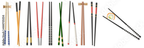 Food sticks set, kitchen chopsticks and eating utensils. Realistic chinese and Japanese chop sticks