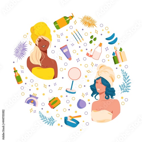 Skin care set with beauty girls and cosmetic. Icon natural herbal product for take care of skin. Collection of cleansing and moisturizing face skincare products at home with women. Vector illustration