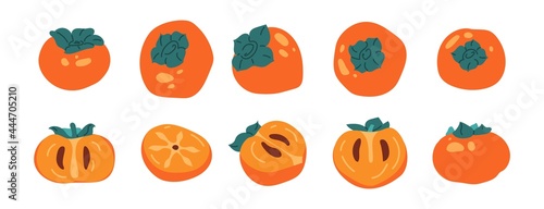 Collection ripe and juicy fruit persimmon isolated. Set of half and whole of persimmon in flat style. Traditional element for Korean Thanksgiving Day or Chuseok. Autumn harvest. Vector illustration.