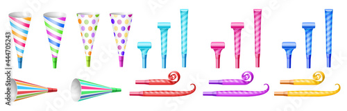 Set of different party whistles: paper horns and pipe blowers. Collection of colorful items