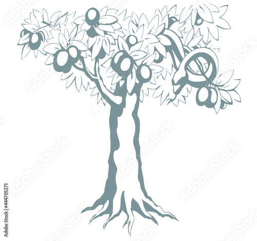 Serpent on the tree. Knowledge of good and evil. Vector drawing