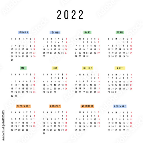 French calendar 2022 year. Vector stationery square calendar week starts Monday. Yearly organizer. Simple calendar template in minimal design. Business illustration.