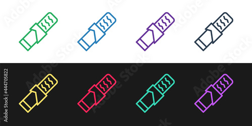 Set line Protein sport bar icon isolated on black and white background. Energy snack icon. Organic sweets. Vector