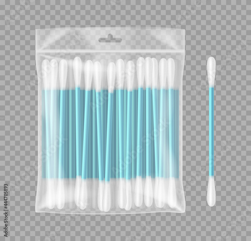 Cotton buds or swabs in blank plastic package realistic isolated on transparent background