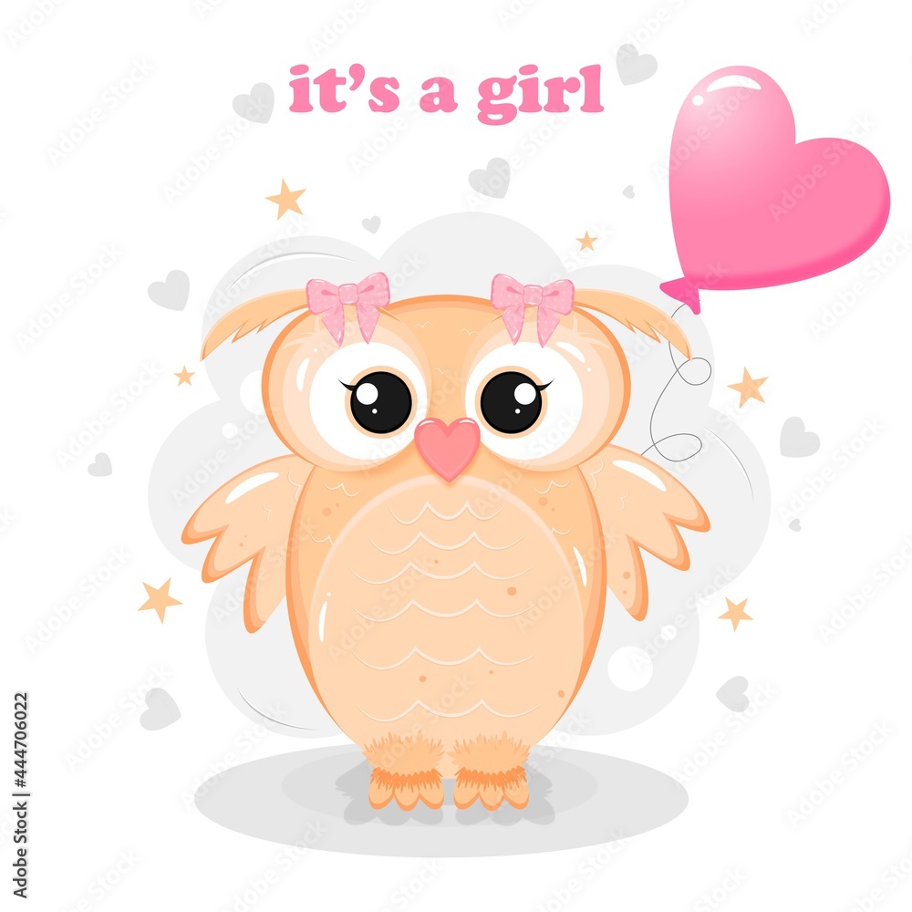 Cute owl with bow and balloon. Baby shower invitation. Girl Cute owl with bow and balloon. Baby shower invitation. Girl