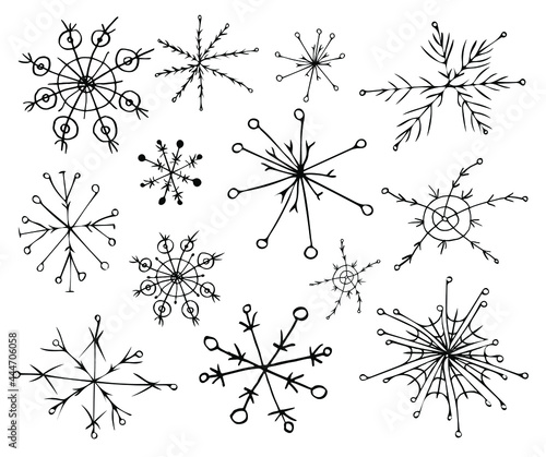 Snowflake doodle graphic set. Collection of snowflakes for winter design. Hand draw vector illustration. Christmas. Isolated on white background