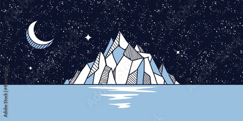 mountain night sky with crescent moon and stars. iceberg and sea abstract Illustration art vector