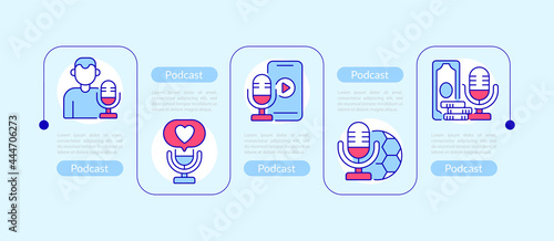Podcast design elements. Vector infographic template with icons. Data visualization with five steps. Process timeline chart.