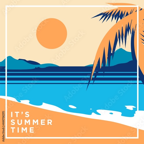 Summer holiday Illustration poster, flat design of sun, mountain beach and coconut tree vector art, it's summer time wall art
