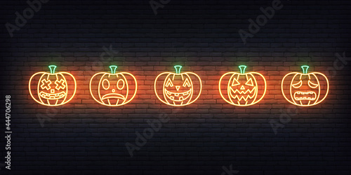 Halloween pumpkin neon. Set of bright Jack O Lantern for Halloween celebration