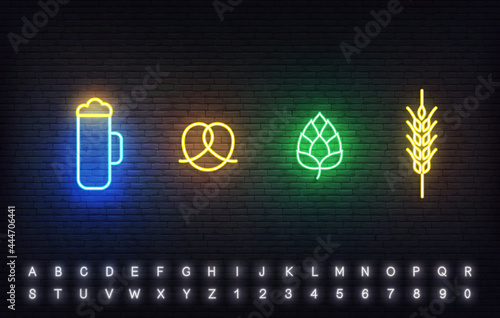 Oktoberfest neon icons template. Bright sign of beer glass, pretzel, hop and wheat ear for Oktoberfest