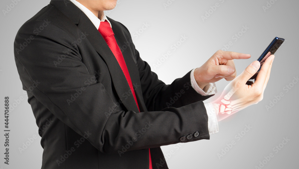 office worker holding mobile phone feels pain his wrist office worker holding mobile phone feels pain his wrist