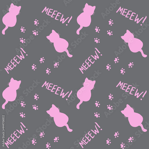 Cute seamless pattern with cats, steps and mew quote. Pink and grey colors. Doodle cartoon style. Modern abstract design for packaging, paper, cover, fabric, cards, textile. Vector illustration. 