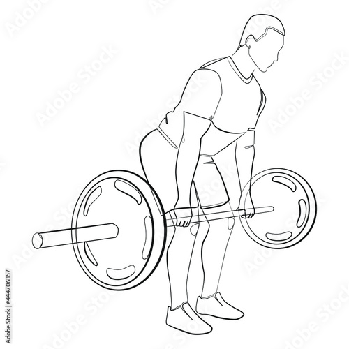 The athlete lifts the heavy barbell one line drawing on white isolated background
