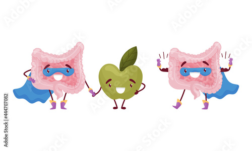 Cartoon Intestine or Large Gut Character in Superhero Cloak Vector Set