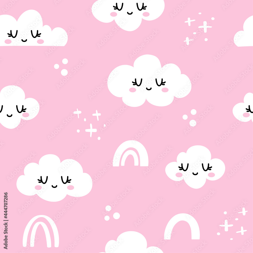 Cloudy sky with several kawaii face clouds - funny hand drawn doodle, seamless pattern. Lettering poster or t-shirt textile graphic design. Wallpaper, wrapping paper, pink background. Cloudy sky with several kawaii face clouds - funny hand drawn doodle, seamless pattern. Lettering poster or t-shirt textile graphic design. Wallpaper, wrapping paper, pink background.