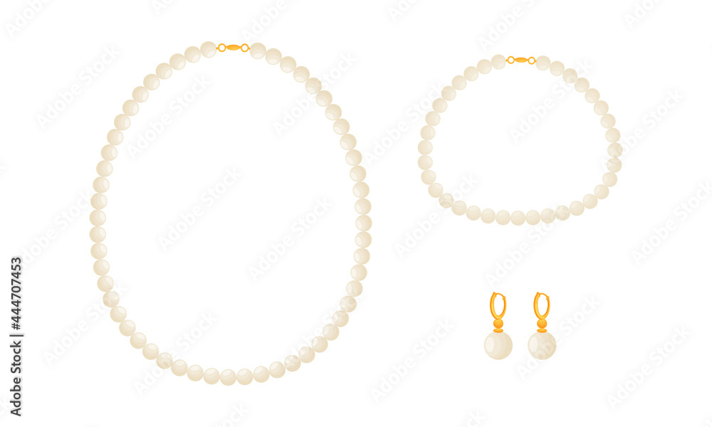 Pearl Necklace and Earrings as Jewellery or Jewelry Item and Personal Adornment Vector Set Pearl Necklace and Earrings as Jewellery or Jewelry Item and Personal Adornment Vector Set