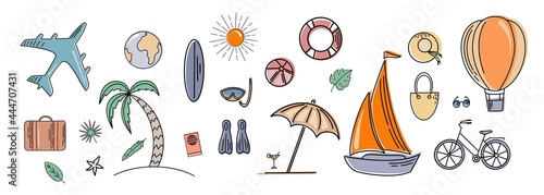Flat design style modern vector illustration icons set of traveling on airplane, planning a summer vacation, tourism and journey objects.
