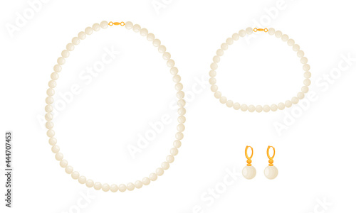 Pearl Necklace and Earrings as Jewellery or Jewelry Item and Personal Adornment Vector Set