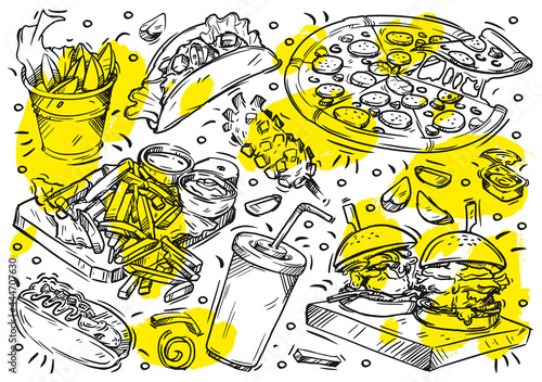 Hand drawn vector line illustration on white background. Doodle collection street fast food menu: craft burger, tortilla, pizza pepperoni, french free, potato wedges, soda drink, sauce, hot-dog