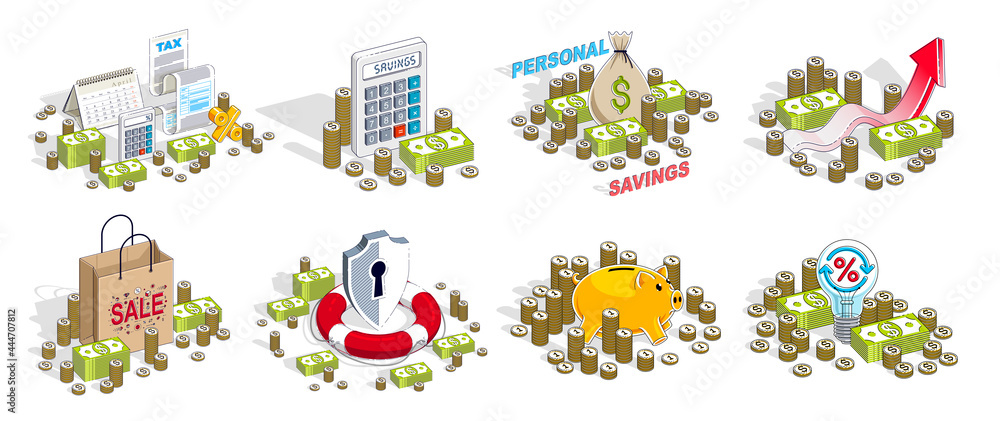Business and finance concepts 3D vector illustrations set isolated on white background, money theme conceptual design collection, savings, bank, contract, income, safety, online. Business and finance concepts 3D vector illustrations set isolated on white background, money theme conceptual design collection, savings, bank, contract, income, safety, online.