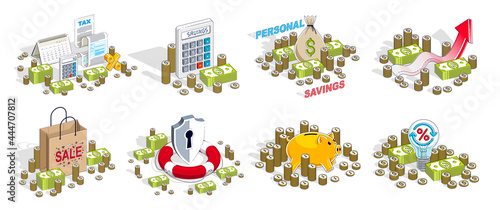 Business and finance concepts 3D vector illustrations set isolated on white background, money theme conceptual design collection, savings, bank, contract, income, safety, online.