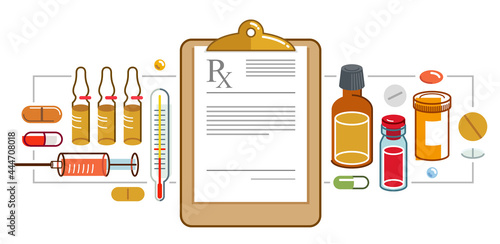 Prescription of medicine concept, different drugs and meds vector flat style illustration isolated over white, advertising banner health care and healing medical theme design, RX.