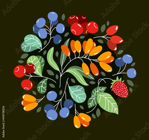 Wild berries fresh and ripe tasty healthy food vector flat style illustration over dark background, delicious vegetation diet eating, organic food.