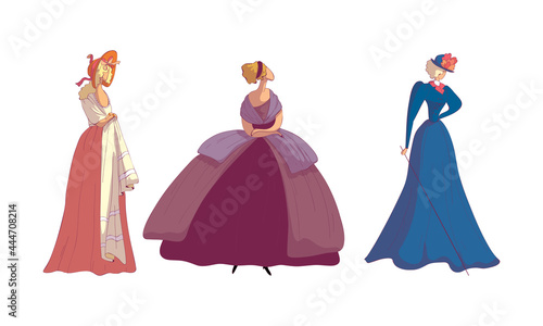 Woman in Standing Pose Wearing Old-fashioned Dress or Ball Gown Vector Set