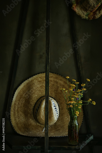 flowers vase still life, seasonal summer inside vintage style, yellow flowers wild