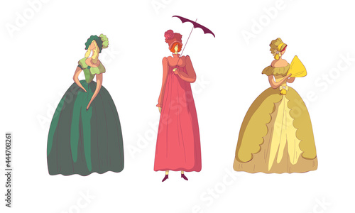 Woman in Standing Pose Wearing Old-fashioned Dress or Ball Gown Vector Set