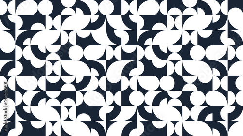 Geometric abstract seamless pattern with black and white simple elements of geometry, wallpaper background in retro 70s style, Bauhaus constructive style tiles.