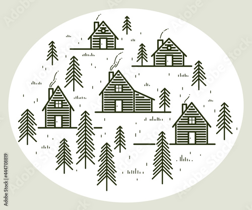 Rural village in woods linear vector illustration isolated on white, wooden houses in trees forest line art drawing, countryside log cabins cottages, travel in wilderness for rest.