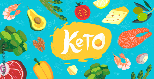 Keto diet long banner with keto foods. Ketogenic diet products in flat cartoon style. Vector of Low-carbs healthy food  vegetables  fish  meat  cheese  nuts  seafood  asparagus and lemon.