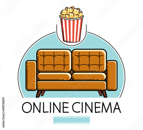 Home rest online cinema sofa and popcorn vector emblem or illustration isolated on white, stay home concept, family weekend, watch video.