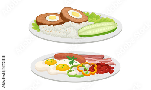 Meat Dish with Meatloaf and Scrambled Eggs with Sausage Served on Plate Vector Set