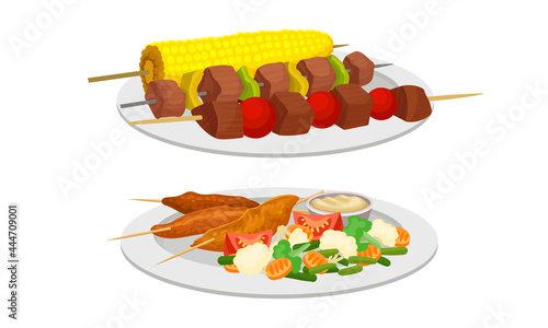 Meat Dish with Skewered Shrimp and Shashlik Served on Plate Vector Set