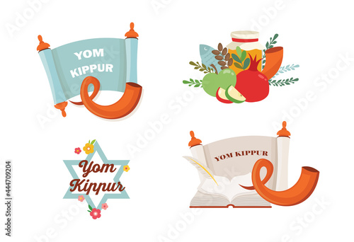 Jewish holiday Yom Kippur and New Year, rosh hashanah, with traditional icons. Yom Kippur in hebrew. Ancient book a symbol of Jewish holiday Yom Kipur. Vector illustration