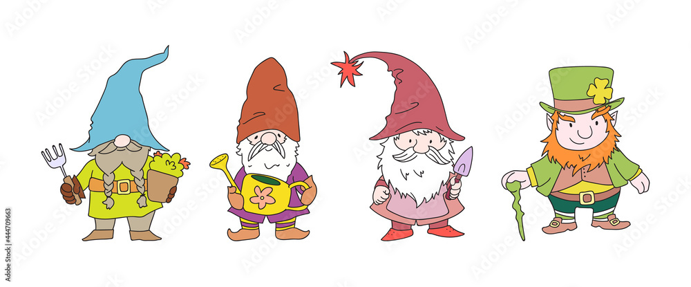 Cute gnome characters. Set of festive dwarfs for garden decoration. Funny fabulous elderly man with gray haired beard. Tale gnomes with garden tools, leprechauns for St Patrick day Cute gnome characters. Set of festive dwarfs for garden decoration. Funny fabulous elderly man with gray haired beard. Tale gnomes with garden tools, leprechauns for St Patrick day