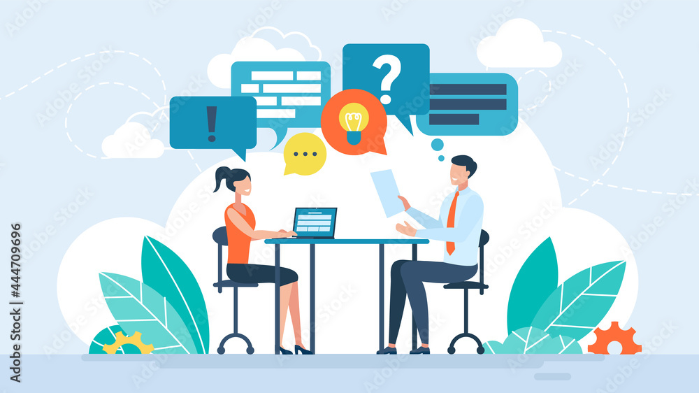 Business vector flat illustration. Discussion concept. Talk conversation, speaking dialogue, communication person. Social information sharing with language, text, speech, discussion illustration. Business vector flat illustration. Discussion concept. Talk conversation, speaking dialogue, communication person. Social information sharing with language, text, speech, discussion illustration.